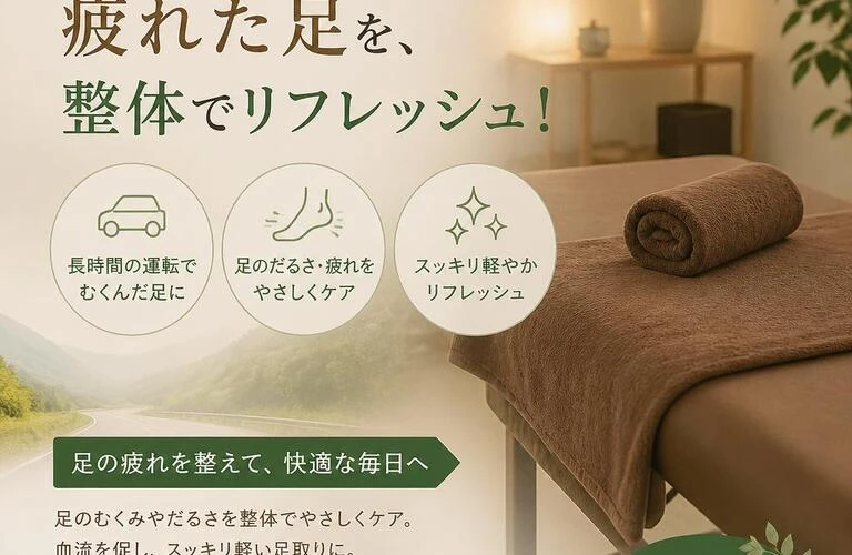 長時間のドライブで疲れた足を、整体でリフレッシュ！