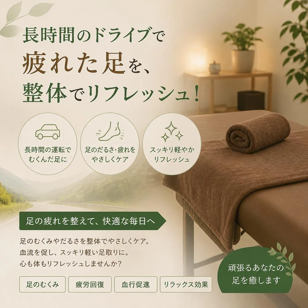 長時間のドライブで疲れた足を、整体でリフレッシュ！